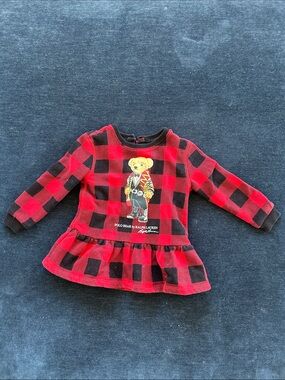 Ralph Lauren Red and Black Buffalo Plaid Polo Bear Graphic Top